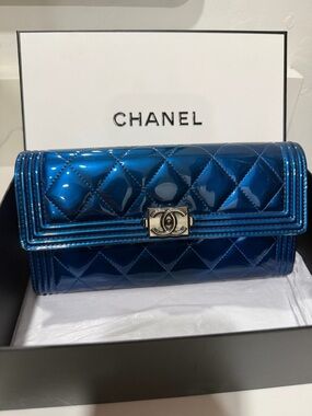 CHANEL Cobalt Blue Patent Quilted Long Boy Wallet Authentic w/ Box & Black Card